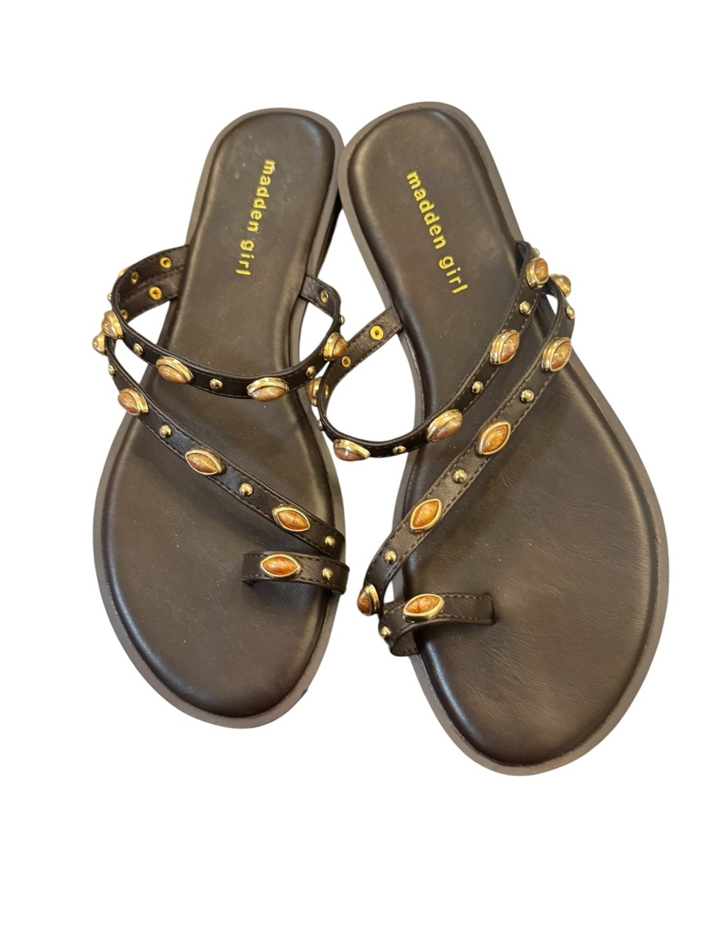 Madden Girl Brown Studded Toe Ring Sandals Flat Slip On NWOT Size 8.5